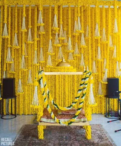 Yellow Marigold Mogra Garland Pooja Backdrop Hanging Indian Wedding Sangeet Function Haldi Decor Artificial Flower Hanging Decor