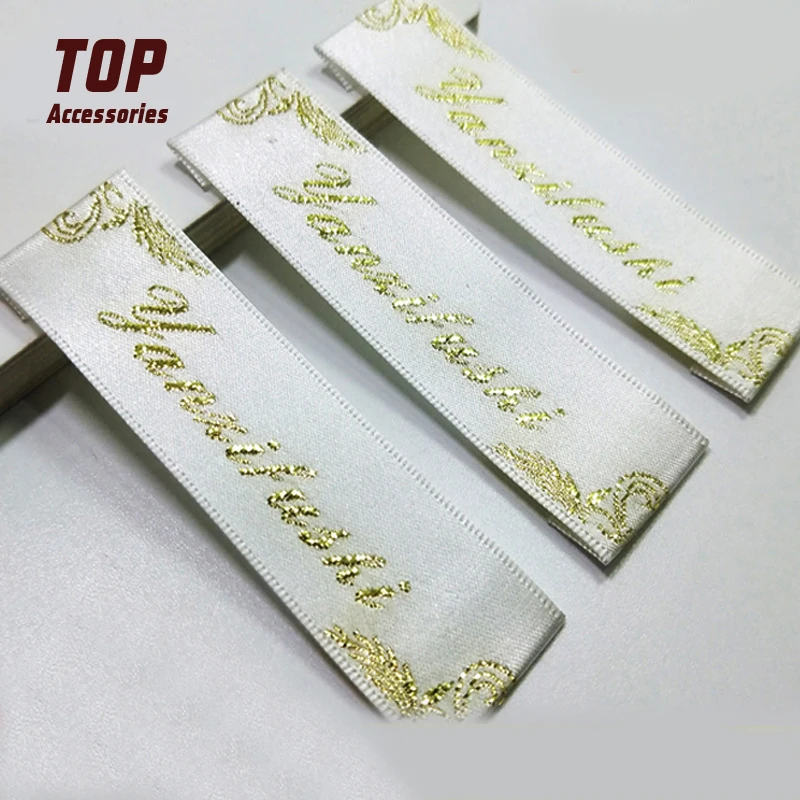 Cheap Custom Logo Damask Woven Neck Label with Golden Silk Thread