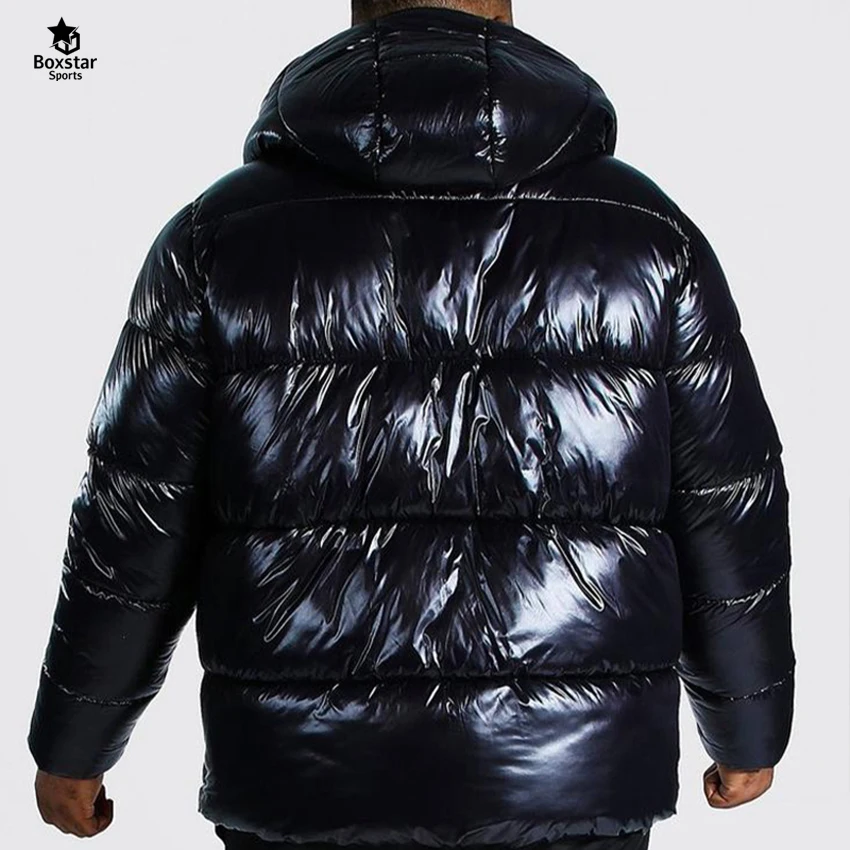 Designer High Quality Coat Hooded Black Shiny Jacket Men Winter Bubble Puff Custom Heavy Shinny Puffer Plus Size Jacket For Men