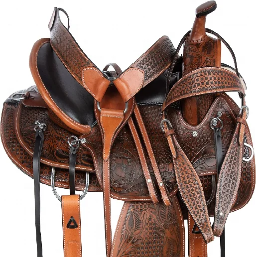 SK International Premium Quality Western leather Horse Saddle With Matching Horse Tack Set Genuine Leather Barrel Saddle