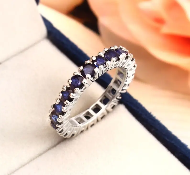 Blue Sapphire Eternity Wedding Band For Women Round Cut Blue Sapphire Engagement Band Ring size 6.5 US Promise Ring