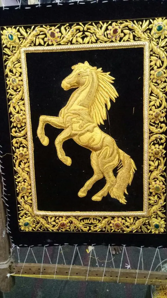 Indian Embroidered Zardosi Wall Decorative Jewel Carpet with Precious Stones and Golden Wires