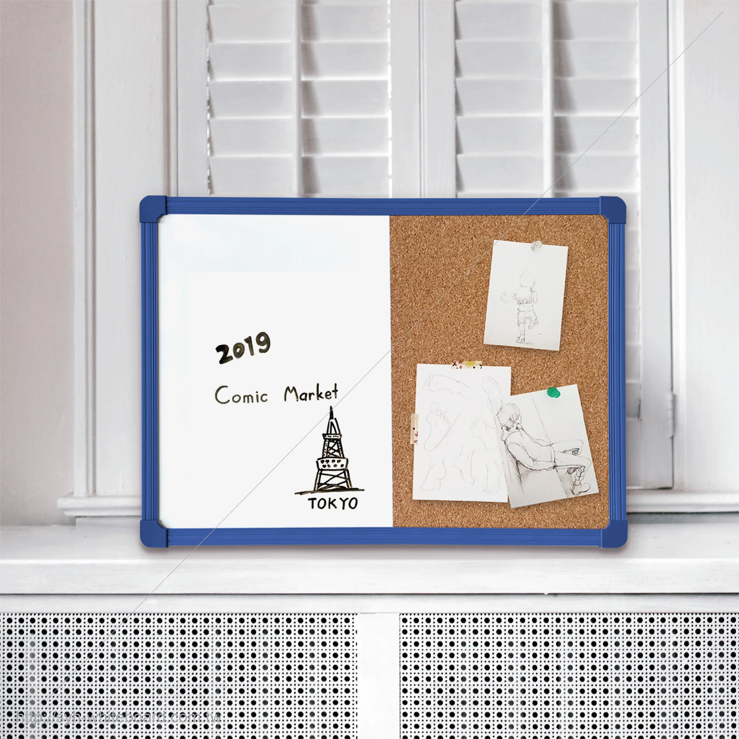 2-in-1 cork board with magnetic whiteboard