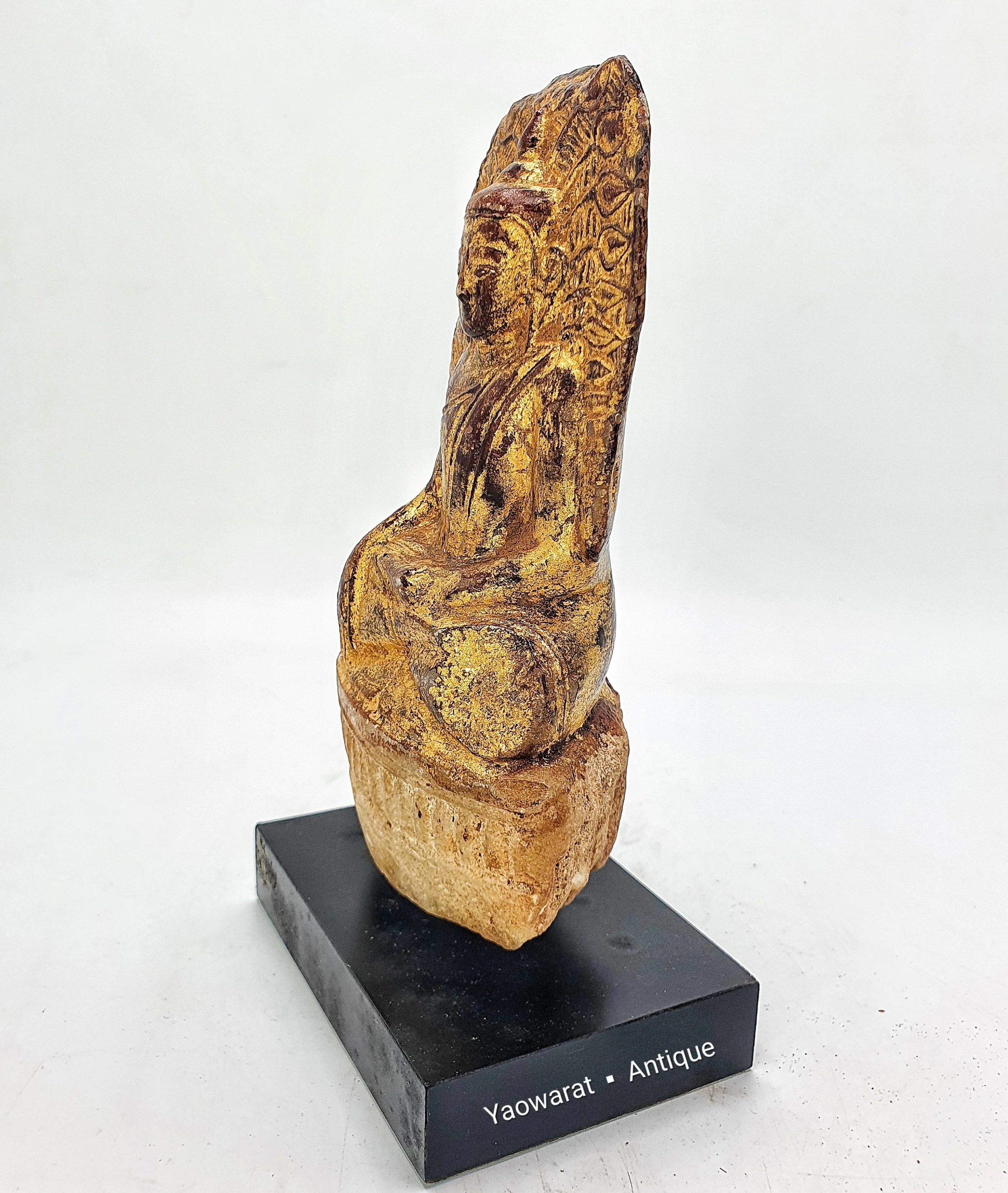 Antique Stone Carved Buddha Statue for Worship Covered with Lacquer Gilded The Attitude of Subduing Mara Home Decor