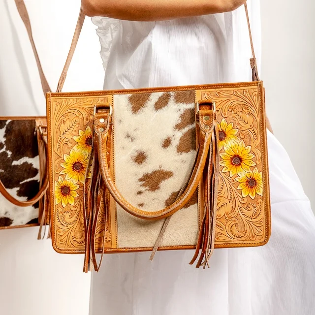 Sunflower Tooled Bags Handbag Ladies Shoulder Purse Hair on Wester Crossbody Bag Genuine Leather Fringe