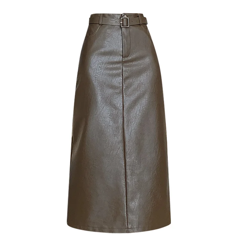 Pu leather skirt  high waist slit black hip-covering A-line long leather skirt