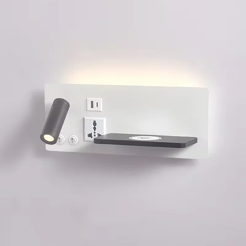 Indoor LED Wall Light Reading Lamp with USB Type-C Wireless Phone Charging Multi Plug Multifunction Bedroom Wall Lamp
