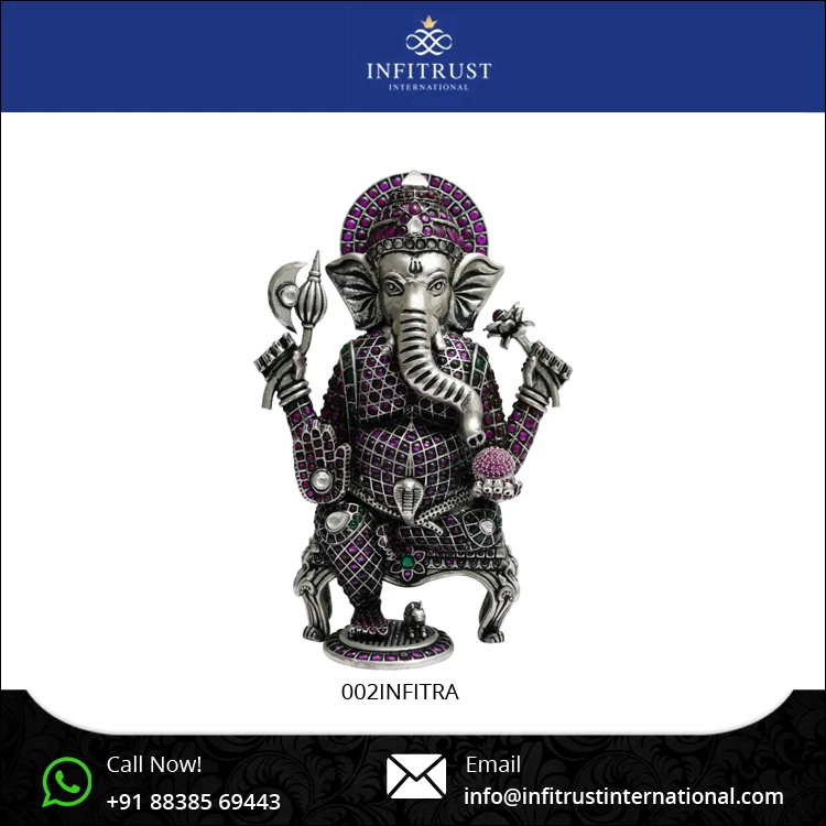 Metal Crafts Custom Design 925 Sterling Silver Antique Style Small Ganesha Idol Figurine for Home Pooja Living Room at Best Cost