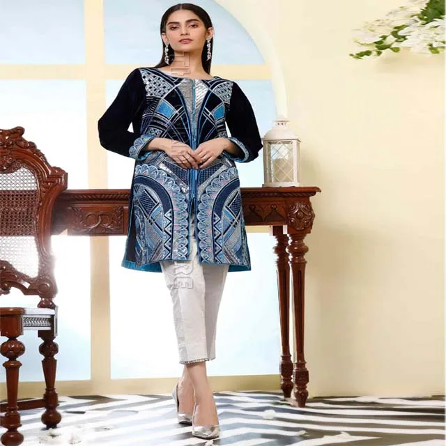 High Quality Embroidered Velvet Shirt Embellished with Dori Piping Indian and Pakistani Beautiful Casual Dresses