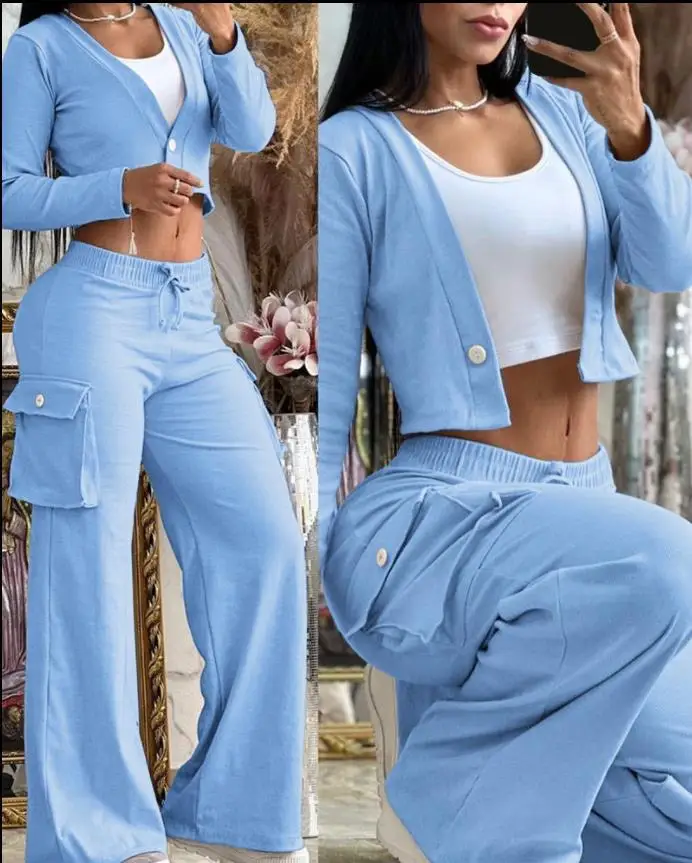 2024 Two-Piece Patchwork Wide-Leg Pants Pocket Short-Sleeved Top Latest Styles Custom Acid Wash Set Women Suits Office Formal