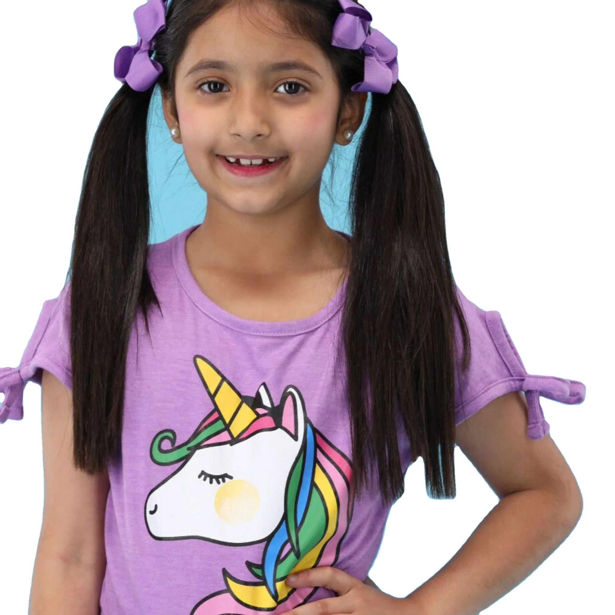 Custom Graphic 100% Knitted Pure Combed Cotton Fabric Regular Length Cap Sleeves Light Purple T-Shirt for Girls