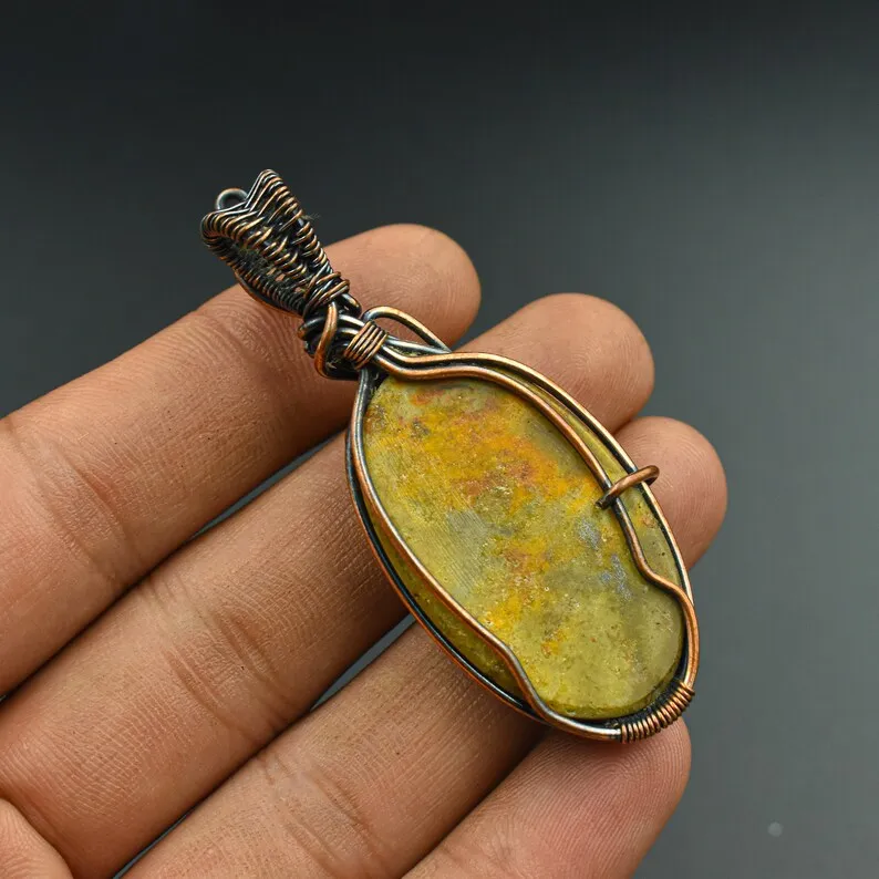 Elegant Designer Copper Pendant Necklace with Bumble Bee Jasper Pearl Wire Wrapped Gemstone Party Occasion Gift for Mother P-316