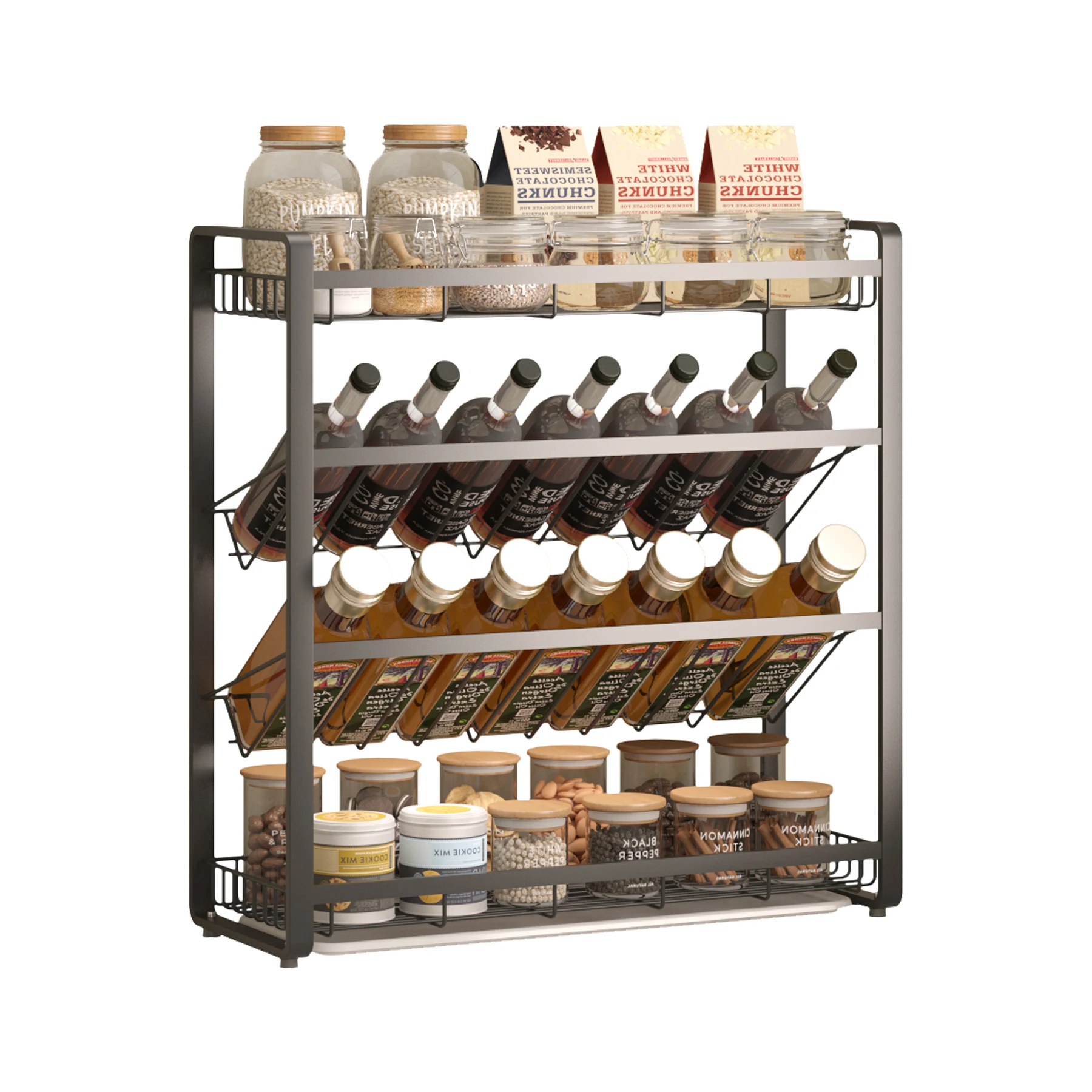 L09-45Cm Black Chrome Spice Rack Organizer 4 Tier Rack Spice Jars Bottle Stand Holder Kitchen Storage Rack