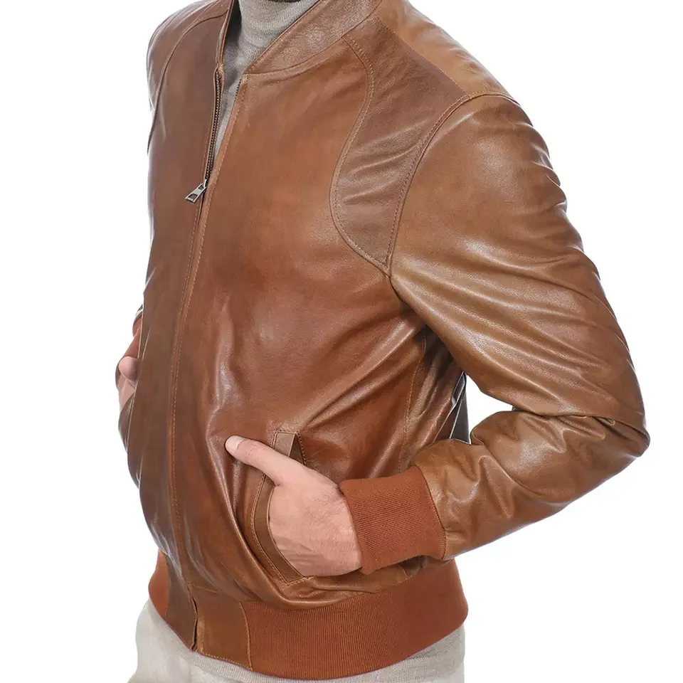 Pakistan Top Quality Manufacture Brown Leather Bomber Jacket Premium Lambskin Burnishing Men Leather jackets
