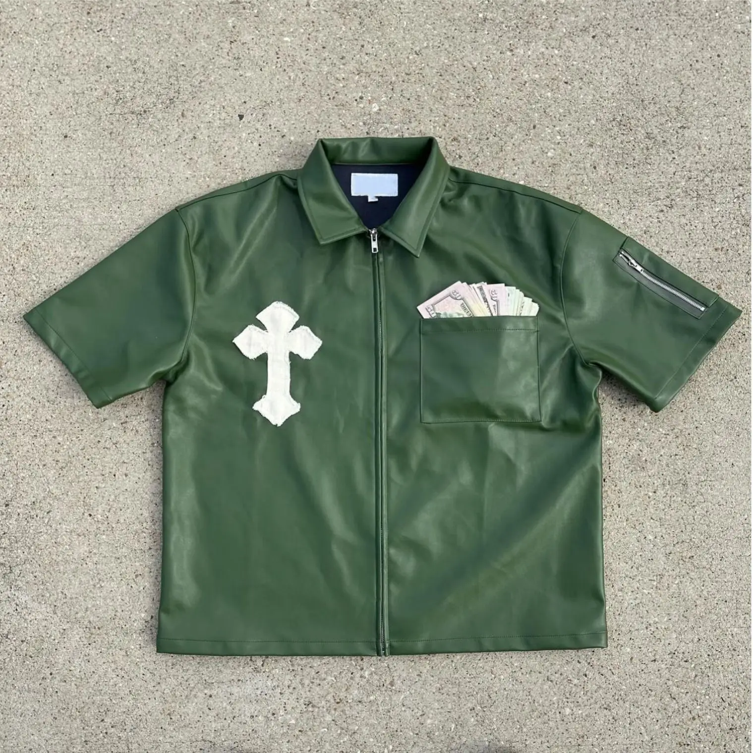 Hot Selling Streetwear High Quality Short Sleeve Zip Up Leather Shirt For Men Boxy Fit High Street Style Blank Tee Shirts