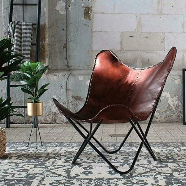 Кожаный стул-бабочка для гостиной, коричневый кожаный стул-бабочка ручной работы с порошковым покрытием