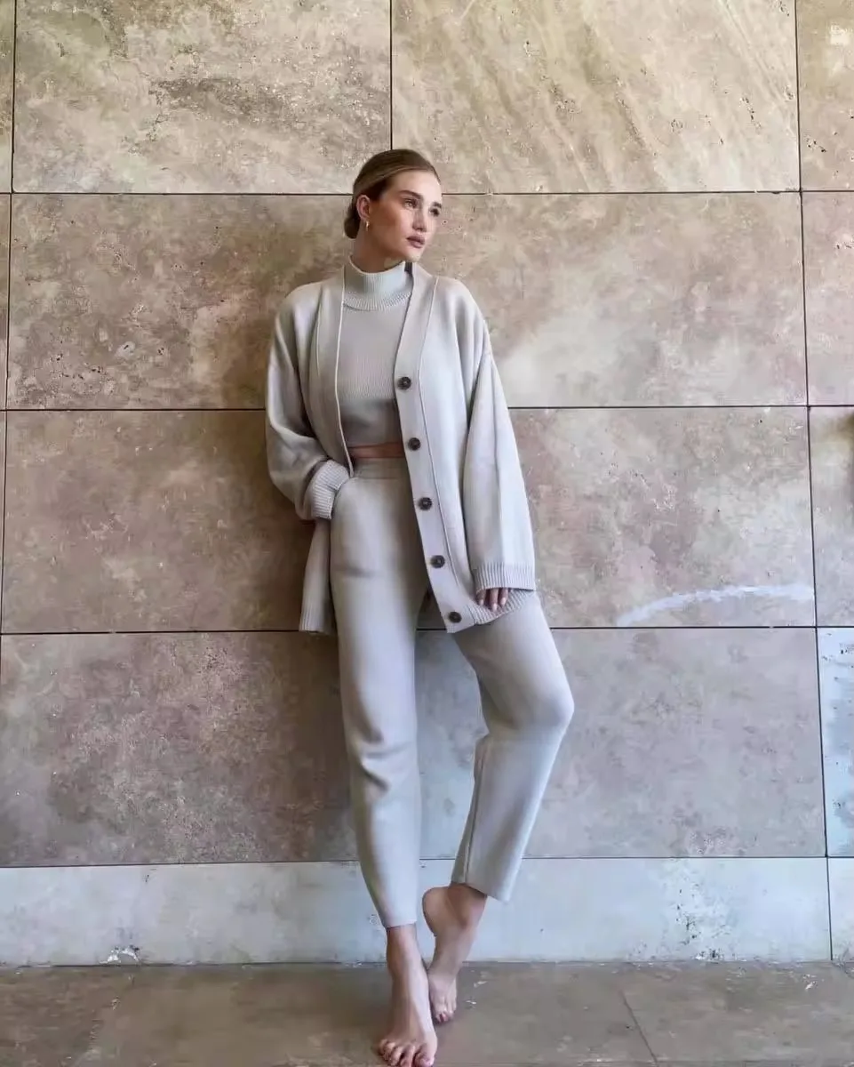 Logo Custom Ladies Cashmere 3 Pieces Set High Neck Knit Pullover Vest Long Pant Oversize Cardigan Casual Women Sweater Set