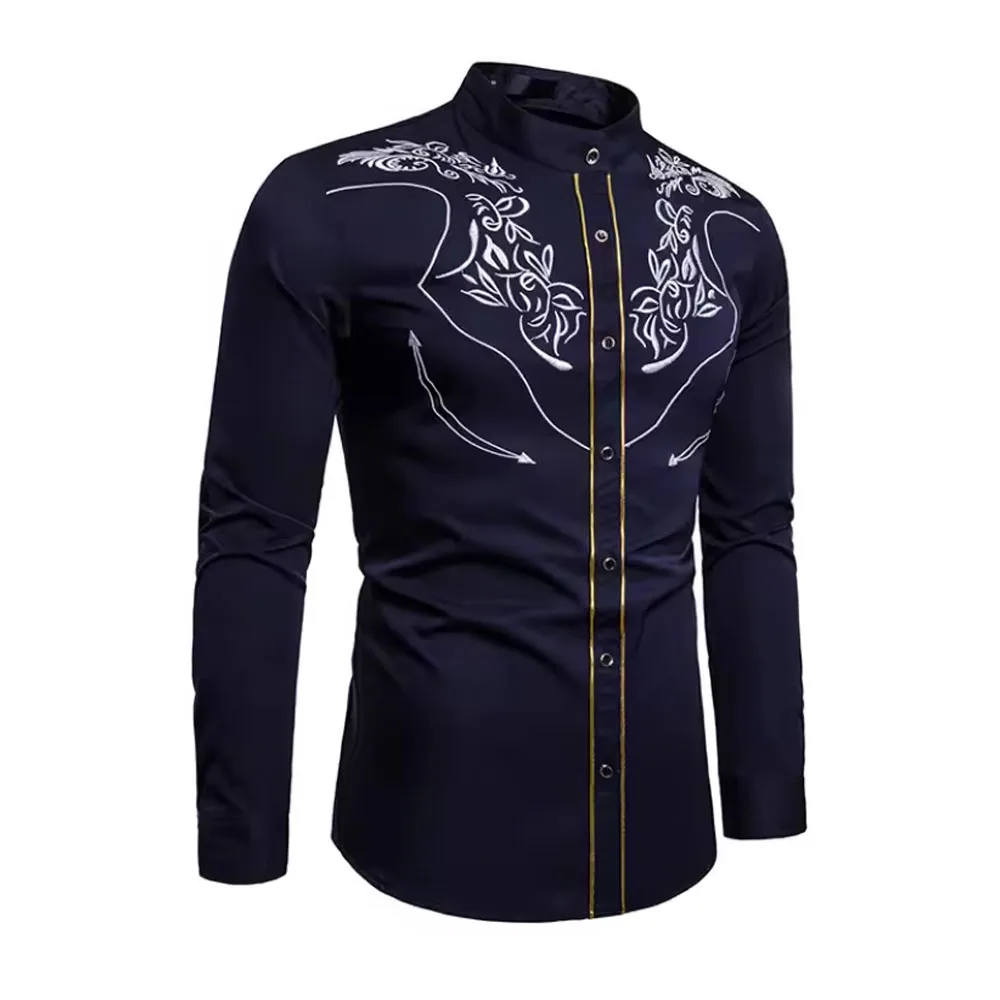 New Autumn Men Long Sleeves Shirt Solid Color Mandarin Collar Slim Fit Shirt Street Wear Men Mandarin Collar Best Quality