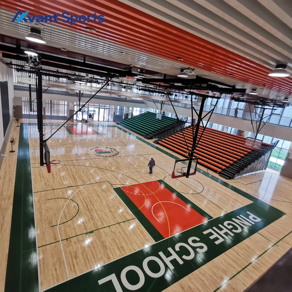 Avant Indoor Sports Complexes Design Basketball Court Wooden Flooring Dividing Curtains Electric Basketball Hoop Bleacher System