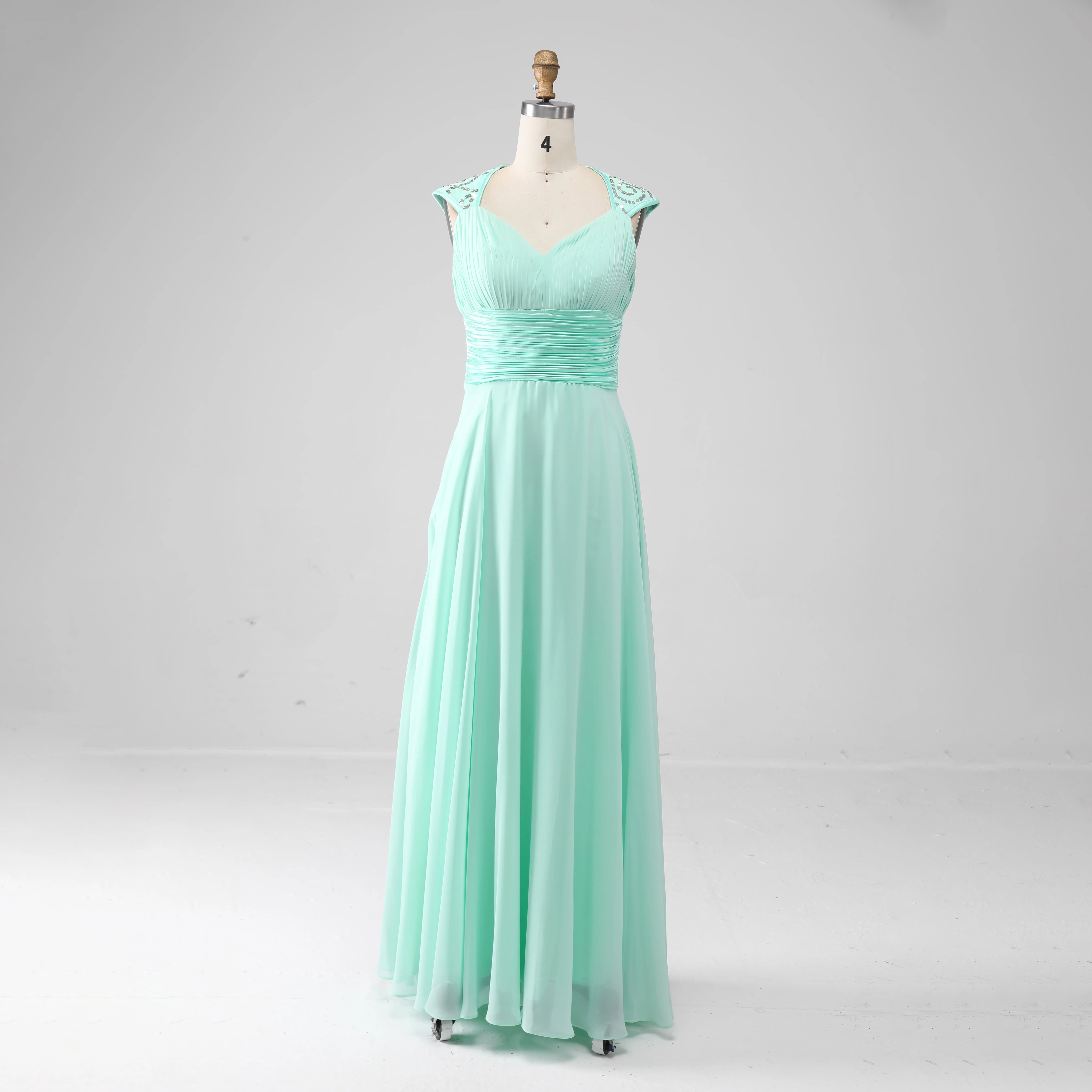 Elegant Floor Length Long Formal Women Wedding Guest Dress Mint Green Chiffon Sweetheart Bridesmaid Dresses with Cap Sleeves