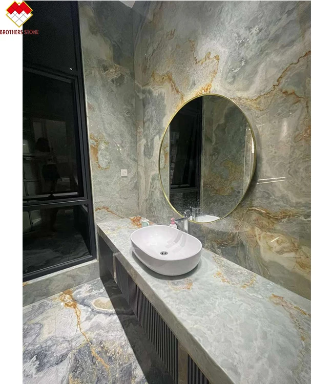 Natural Blue Onyx Stone Countertops Vanity Tops Golden Sky Blue Polished Surface for Villas Book Match Design with Table Tops