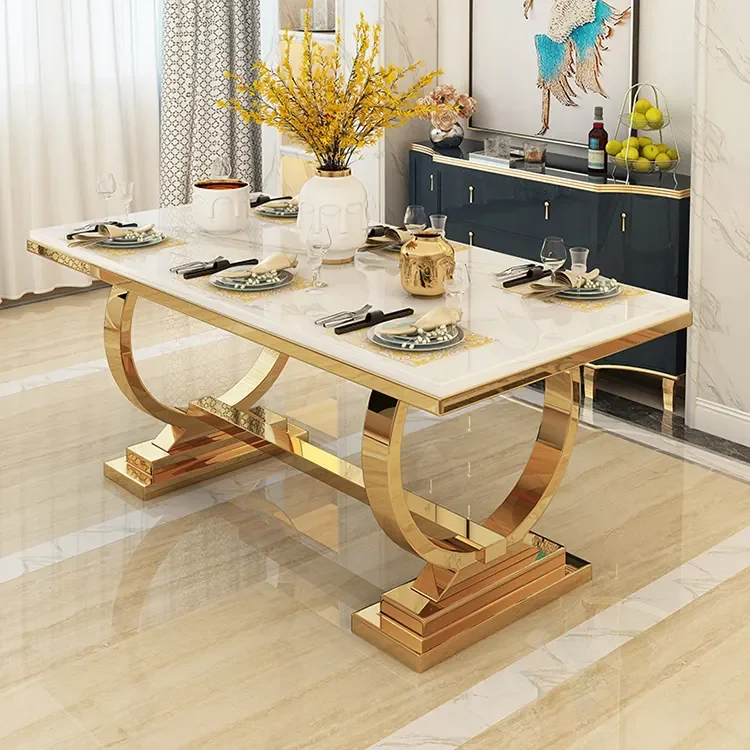 Modern luxury stainless steel furniture marble top dining room table set 6/8 seater stainless steel base marble dinning table