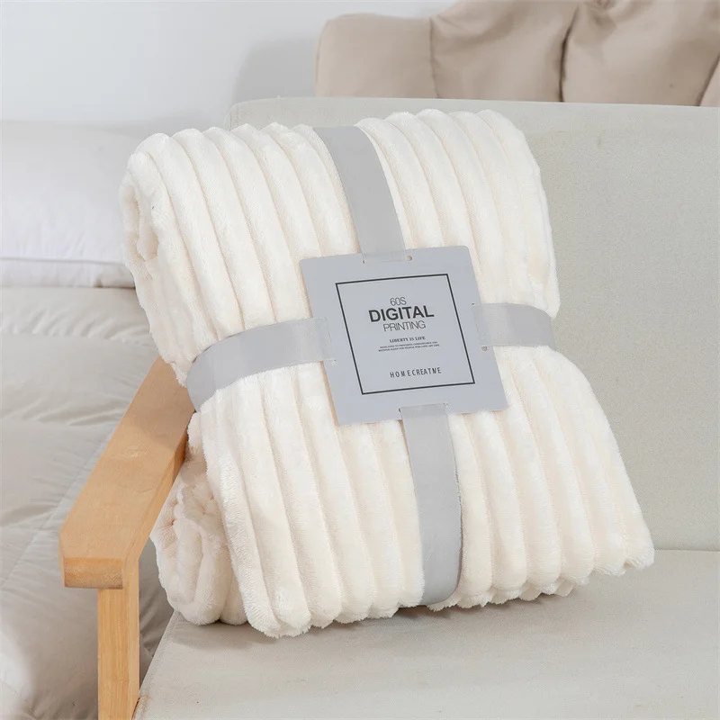 Ready Stock 3CM Rabbit Fur Knitted Throw Blanket Solid Wide Striped Flannel Air Conditioning Nap Coral Fleece Blanket