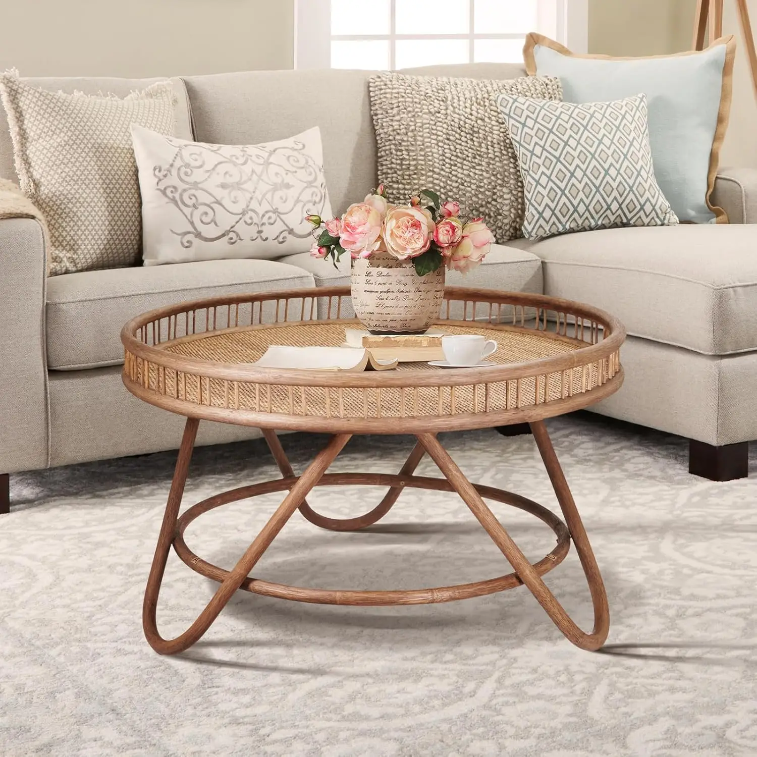 Brown Round Rattan Coffee Table 32x18', Handmade Sustainable Easy Cleaning Rattan Table for Home Hotel Coffee Shop