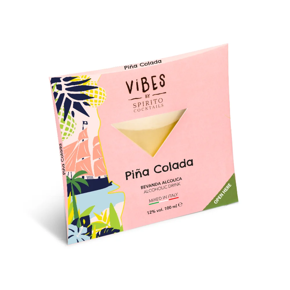 Colorful packaging design pouch Pina Colada pre mixed in Italy cocktail Ready To Drink