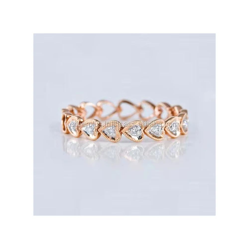 Solid 14K Rose Gold Genuine SI Clarity G-H Color Diamond Love Heart Full Eternity Ring Wholesale Manufacturer Gold Jewelry