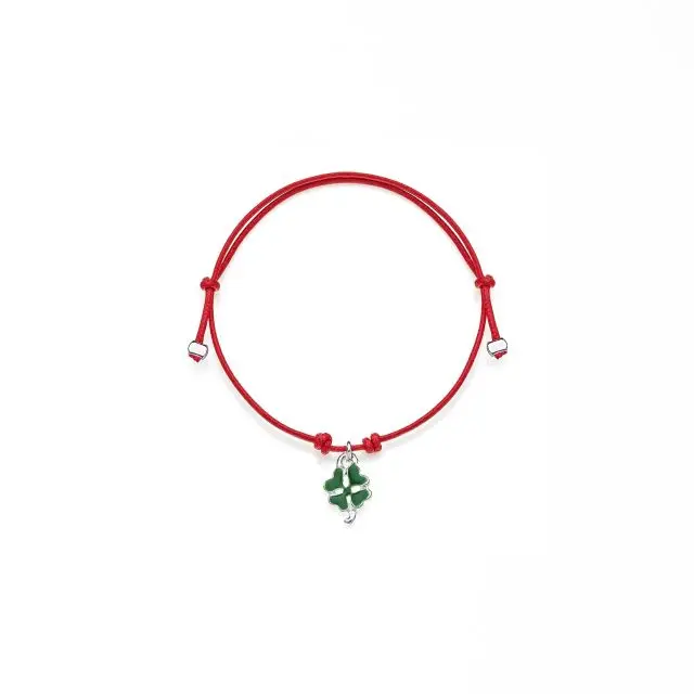 Handmade in Italy- Mini Cotton Cord Bracelet with Four-Leaf Clover Charm in Sterling Silver and Enamel good luck lucky charm