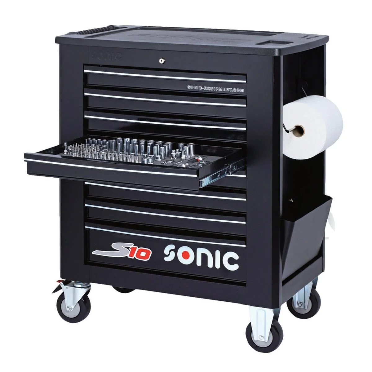 Best Quality SONIC Top S10 8-Drawer Trolley New Black Iron Tool Box with 328PCS Tools for Storage 878mm Width Top Export Choice