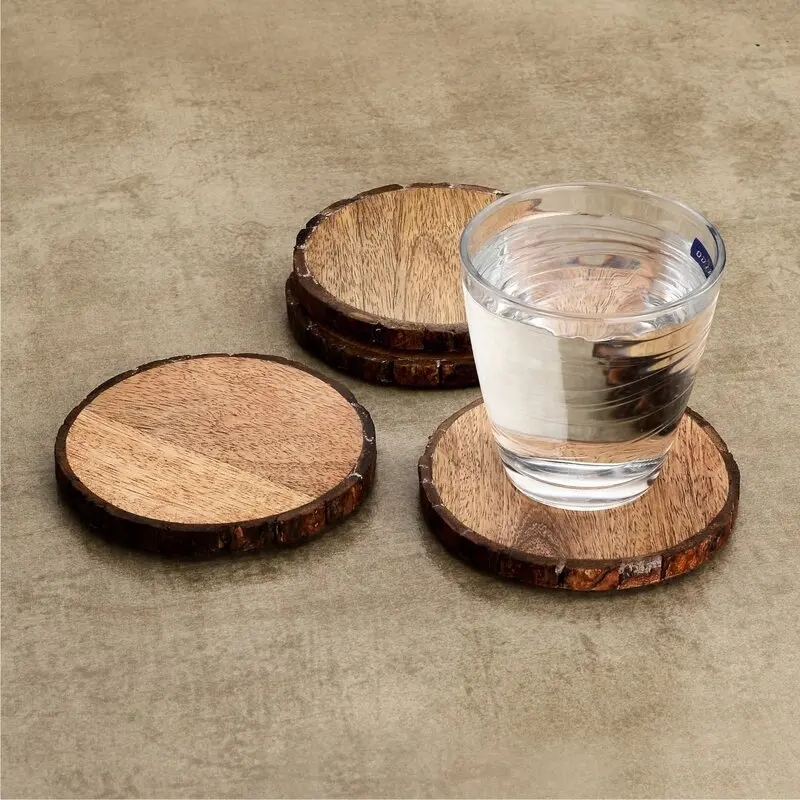 mango wooden round coasters with bark of tree for home table decorate tea cup coasters with natural color for wholesale cost