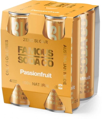 PREMIUM AUSTRALIAN MADE SUGAR-FREE SODA FAMOUS SO CO PASSIONFRUIT 4 PACK CANS 250ML
