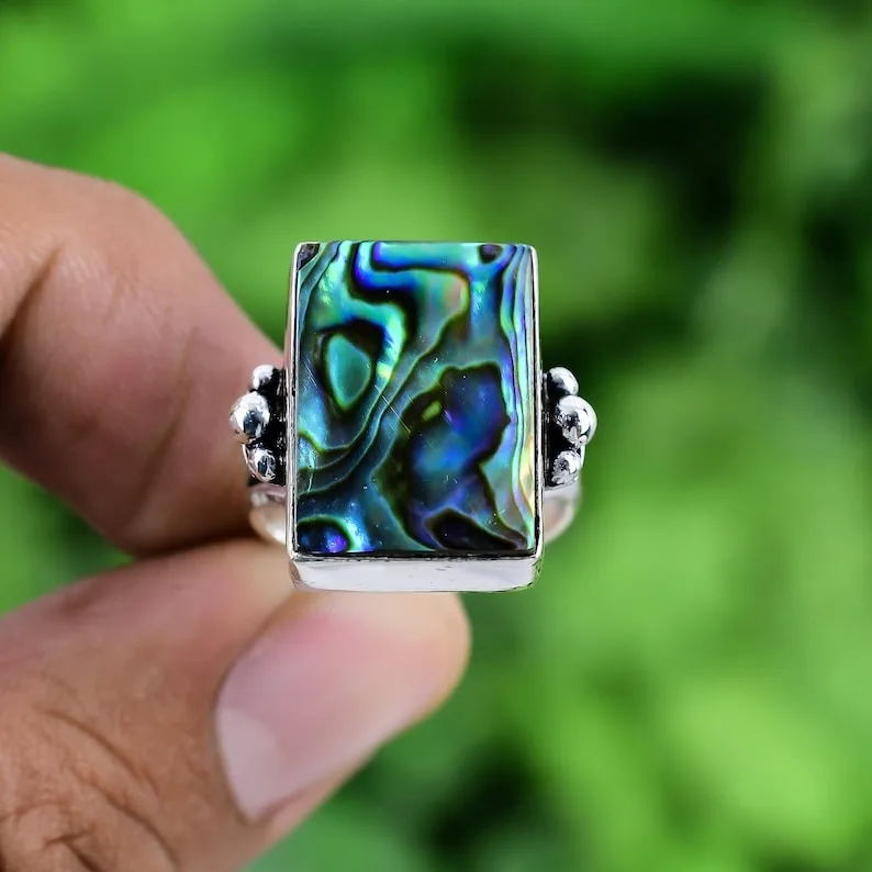 925 Sterling Silver Handmade Gemstone Abalone Shell Spinner Ring 925 Stamp Sterling Silver Ring High Quality Wedding Gift