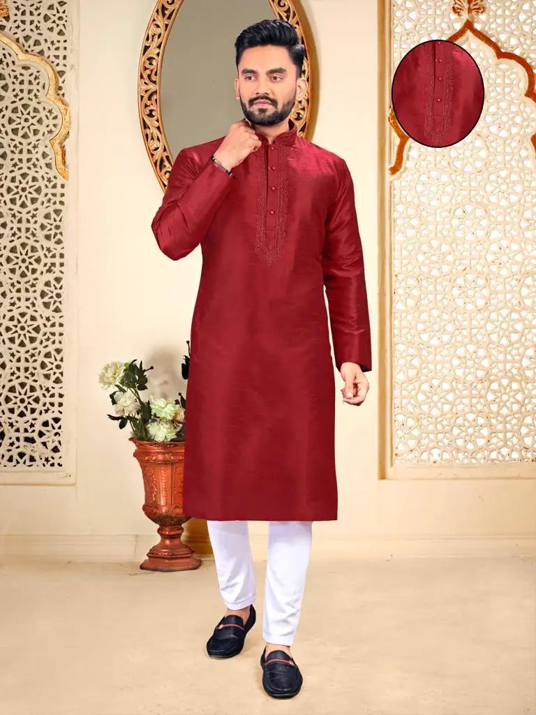 Designer Latest Kurta Round Neck Collar Embroidery work Mens Kurta Pajama Set Wholesale Cheap Rate Surat