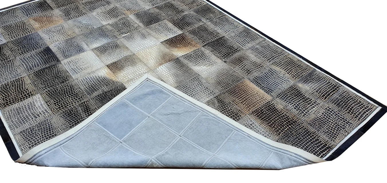 High Quality Laser Engraved Grey and Black Real Cowhide Leather Hair-on Handmade Cow Fur Leather Area Rug And Carpets For Home