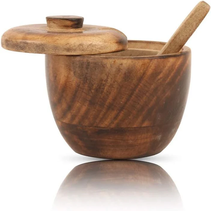 Decorative Rustic Wooden Sugar Bowl & Spoon with Lid Wooden Candy Treat Jar Spice Jar Holder Condiment Nuts Serving Bowl Pot