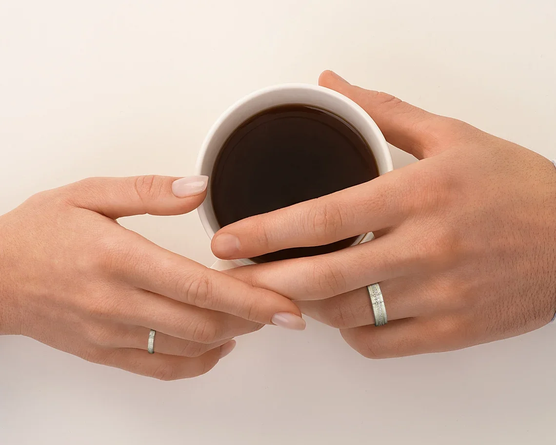 925 Sterling Silver Textured White Gold Diamond Studded Matching Wedding Bands for His and Hers at Best Prices