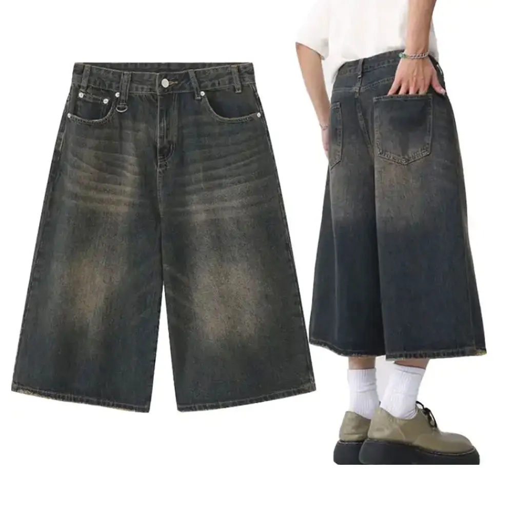 Summer Streetwear Straight custom jorts baggy distressed Dark Washed Cotton Denim Shorts men vintage Fashion jeans men shorts