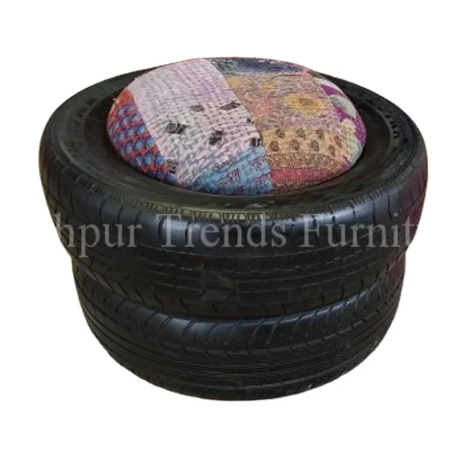 Latest Trending Wholesale Indian Design furniture round shape black tyre shape with canvas seat pouffe