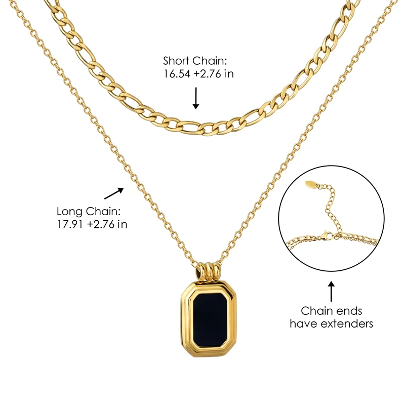Square Black Pendant Necklaces Stainless Steel Stacked Layered Thick Cuban Necklace For Women