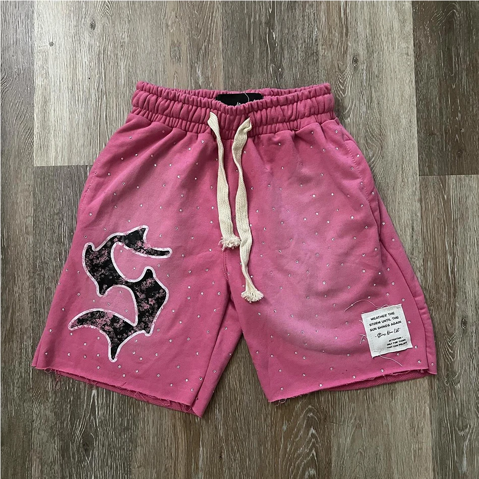 OEM Custom Logo rhinestone screen Print Drawstring Acid Wash Shorts 100% Cotton Sunfade Shorts For Men