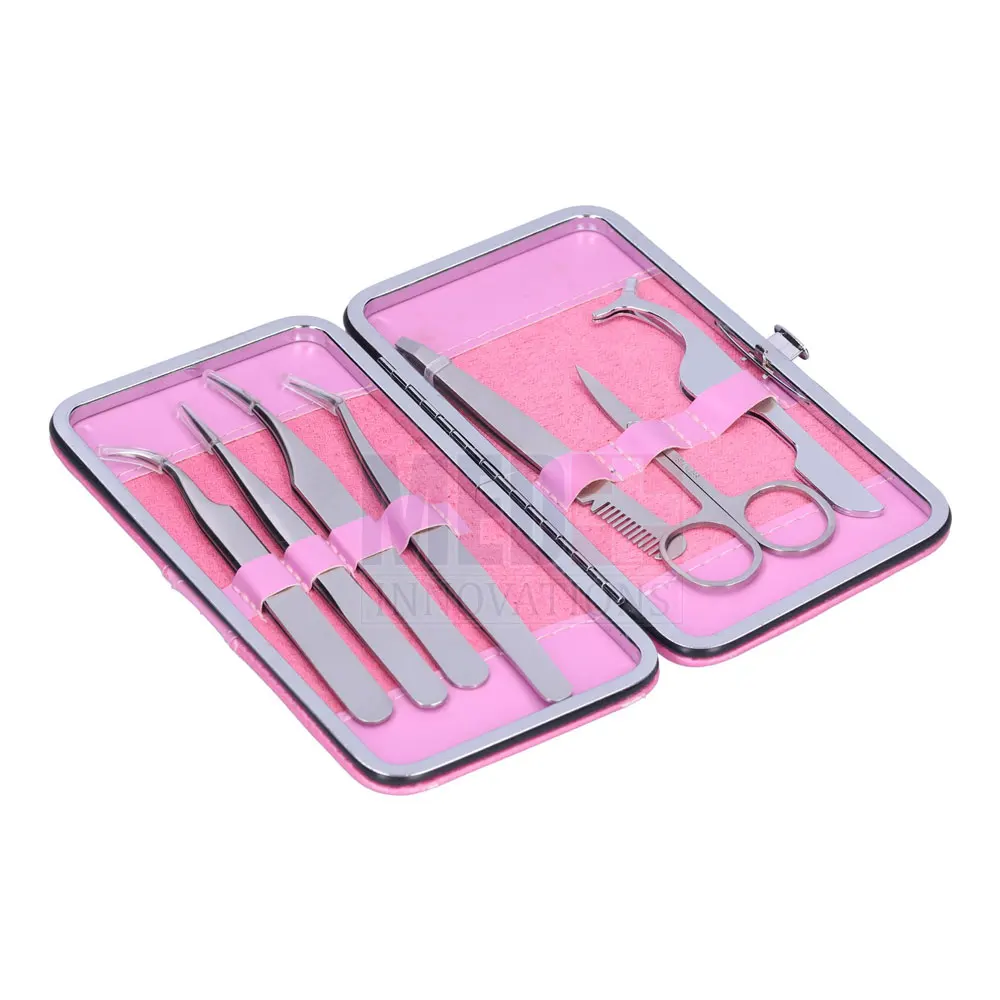 Hot Selling Silver Color Fiber Tip Eye Hair Extension Tools Kit With Non-Slip Stainless Steel Extensions Eyelash Tweezers Set