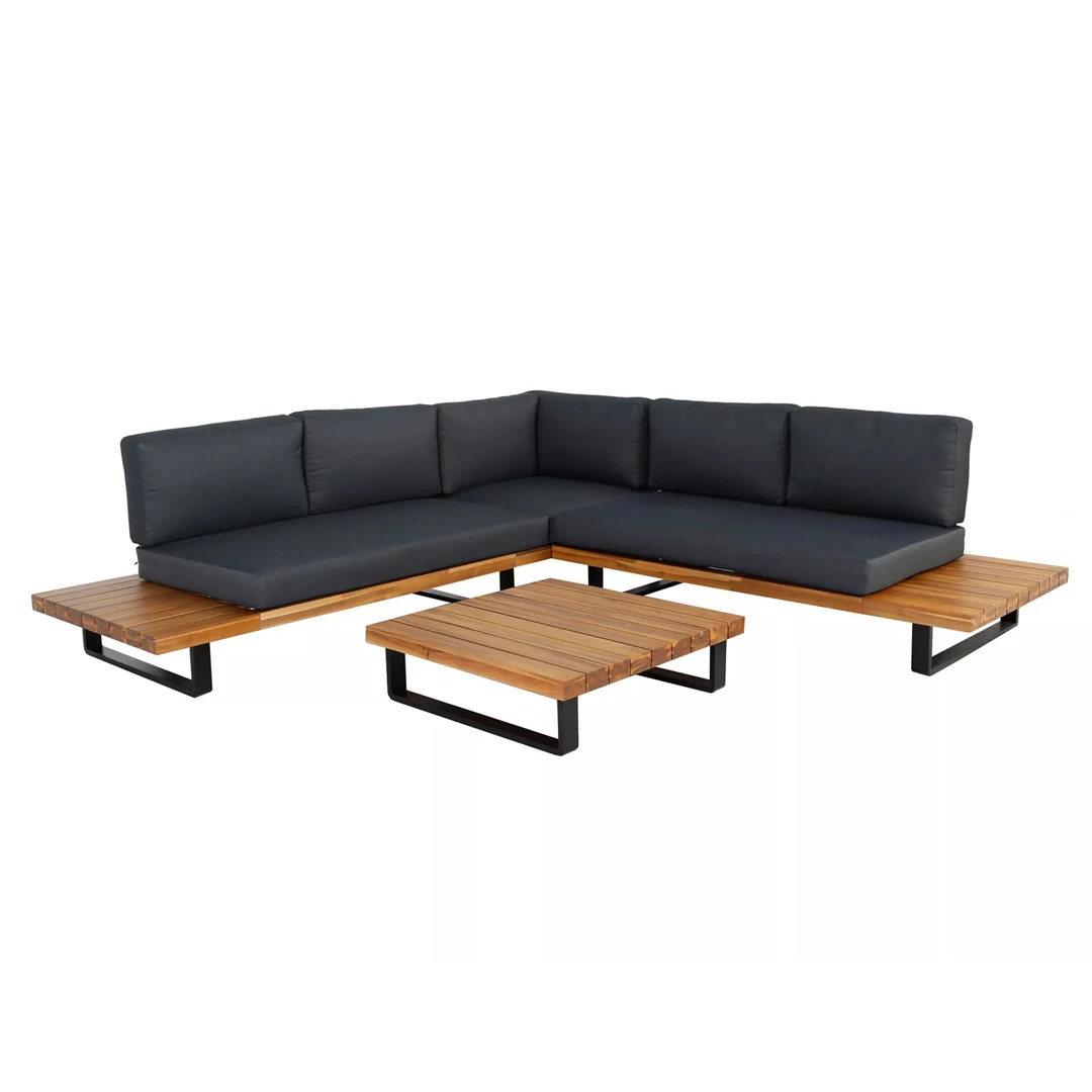 Patio Garden Lounge Sofa Set Solid Teak Wood With Cushion Fabric Set Up Aluminum Legs And Coffee Table