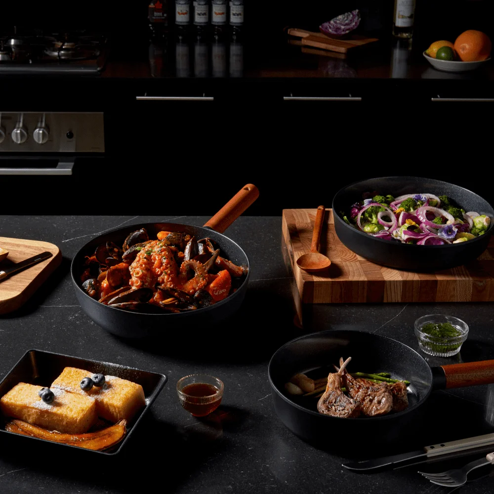 TrueCook Premium Cookware Set 8 Types Black Collection with Canadian Maple Wood Handle