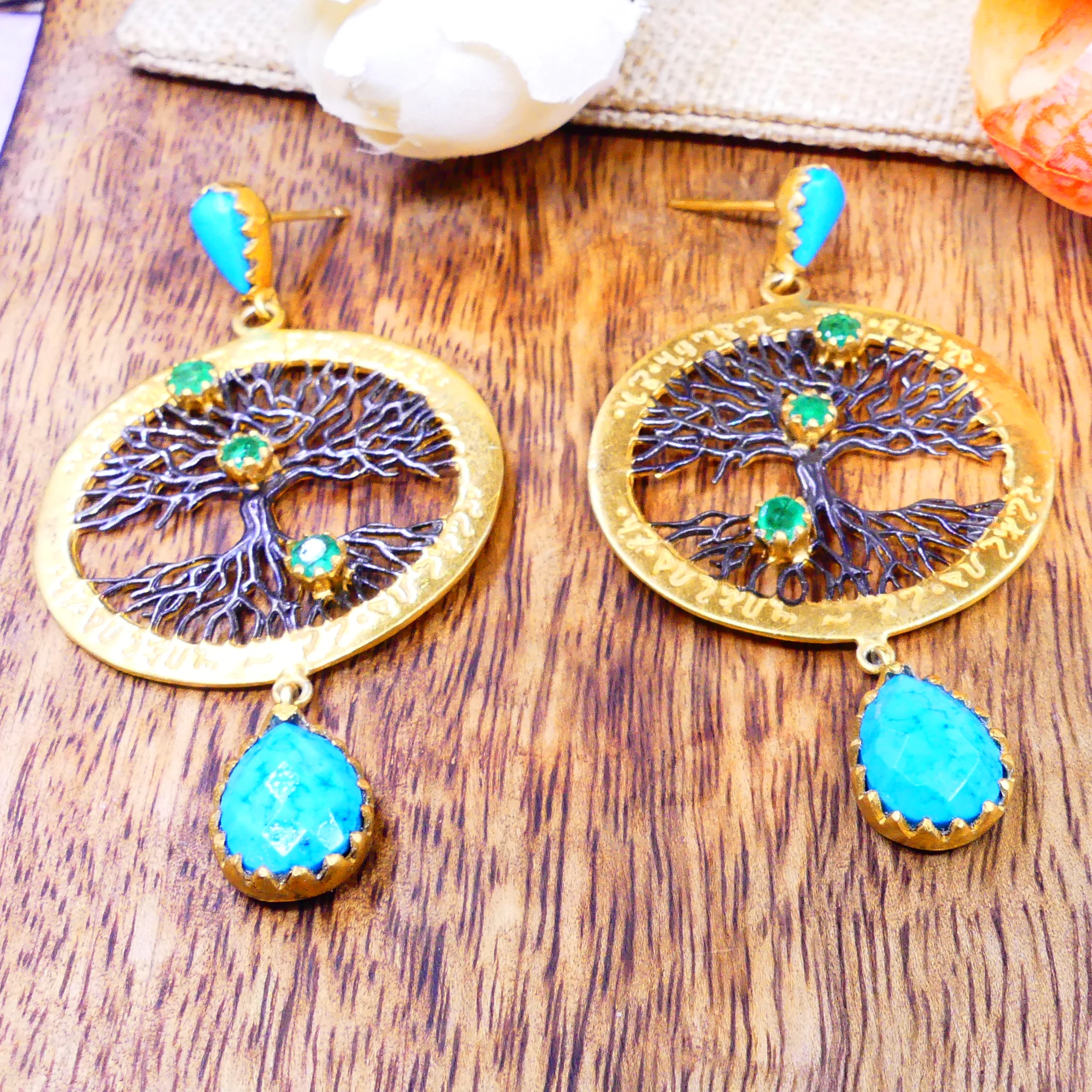 Sterling Silver 925 Oxidized Turquoise Emerald Gemstone Gold Plated Unique Elegant Women Wear Tree Earrings