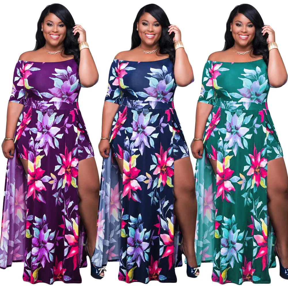 New Arrive Spring Fall Women Clothing Plus Size Floral Layered Ruffle Off Shoulder Dress