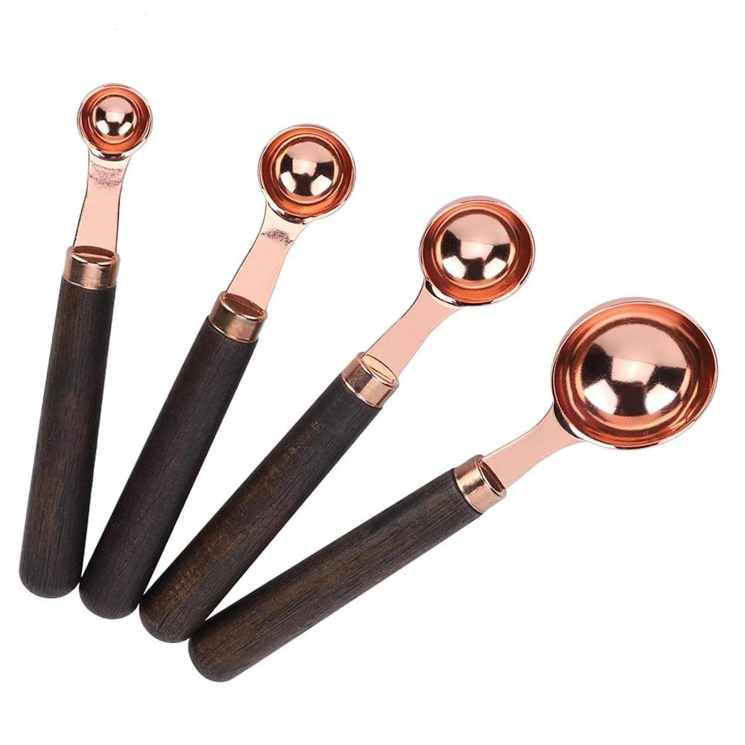 Food Grade Bulk Buy from India Stainless Steel Rose Gold Kitchen Measuring Spoons Set with Wooden Handle Kitchen Pastry Tools