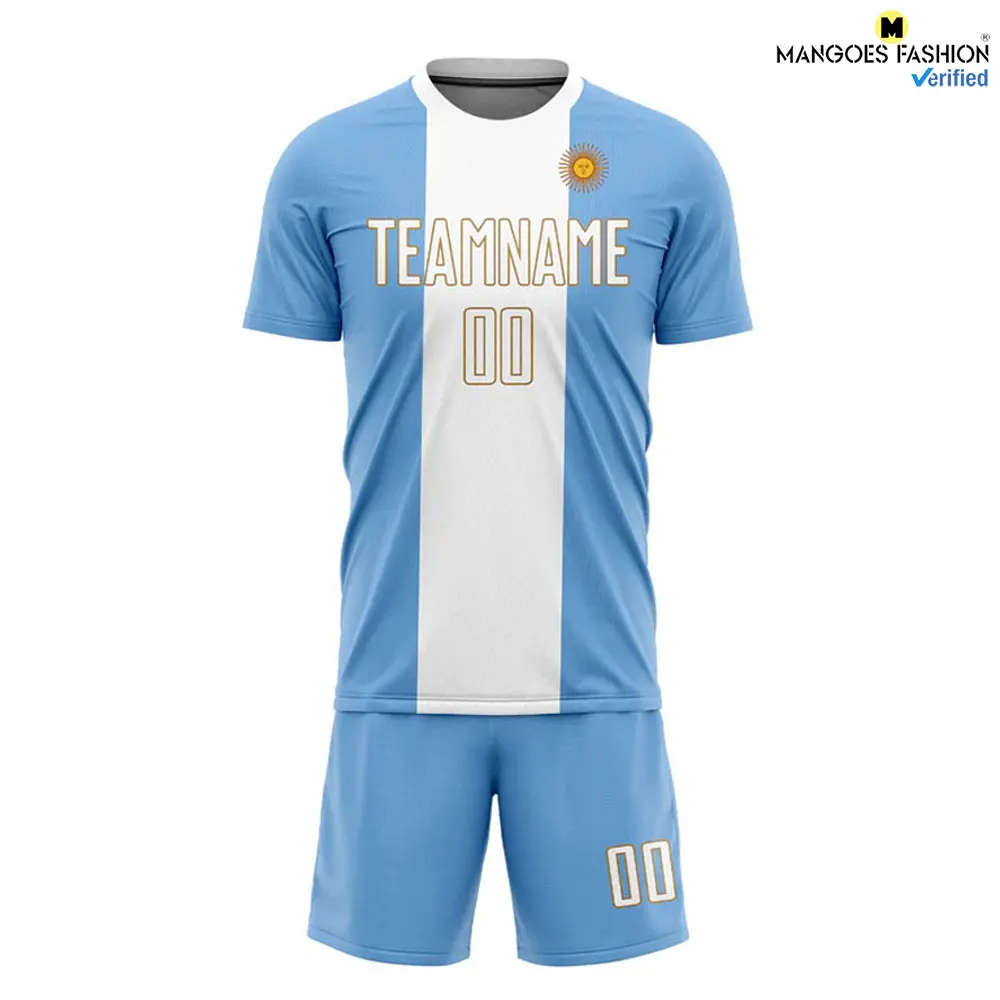 Custom Light Blue White-old Gold Sublimation Argentinian Flag Soccer Uniform Jersey Men Soccer Uniform Team Shirt Shorts
